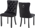 Virabit Velvet Dining Chairs, Tufted Upholstered Dining Chairs with Nailhead Back and Ring Pull Trim, Solid Wood Dining Chairs for Kitchen/Bedroom/Dining Room (Black, Set of 2)
