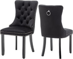 Virabit Velvet Dining Chairs, Tufted Upholstered Dining Chairs with Nailhead Back and Ring Pull Trim, Solid Wood Dining Chairs for Kitchen/Bedroom/Dining Room (Black, Set of 2)