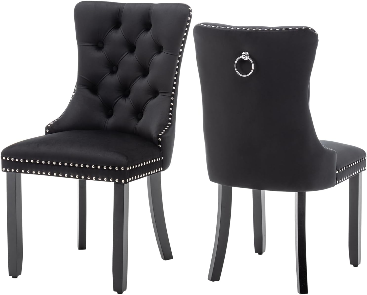 Virabit Velvet Dining Chairs, Tufted Upholstered Dining Chairs with Nailhead Back and Ring Pull Trim, Solid Wood Dining Chairs for Kitchen/Bedroom/Dining Room (Black, Set of 2)