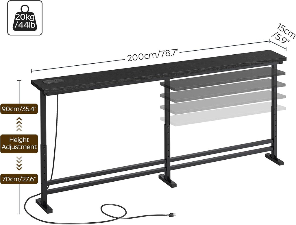 YATINEY 78.7" Console Table with Adjustable Height (27.6"-35.4") and Power Outlet, Skinny Behind Couch Table, Narrow Long Sofa Table for Living Room, Hallway, Entryway, Black CT09UBB