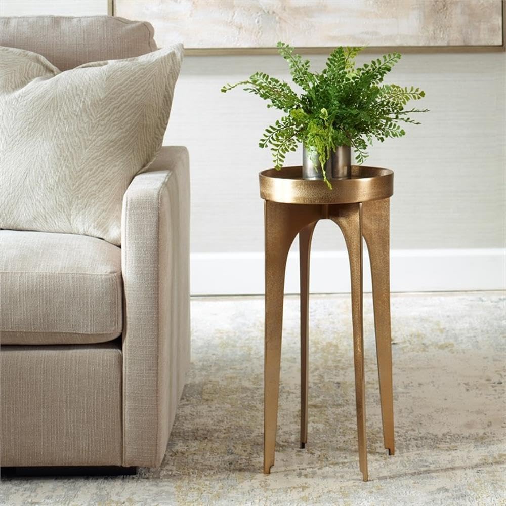 BOWERY HILL Accent Table, 24.3" H x 12.2" W x 12.2" D, Cast Aluminum, Antique Brass Finish, Round Tray Top, Elegant and Durable Design, Practical Living Room or Entryway Furniture