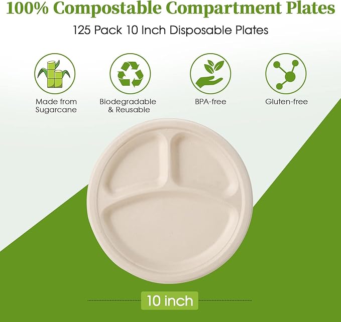 ECOLipak 125 Pack 3 Compartment Plates Disposable, 10 inch Heavy-Duty Compostable Paper Plates Made of Eco-Friendly Sugar Cane Fibers