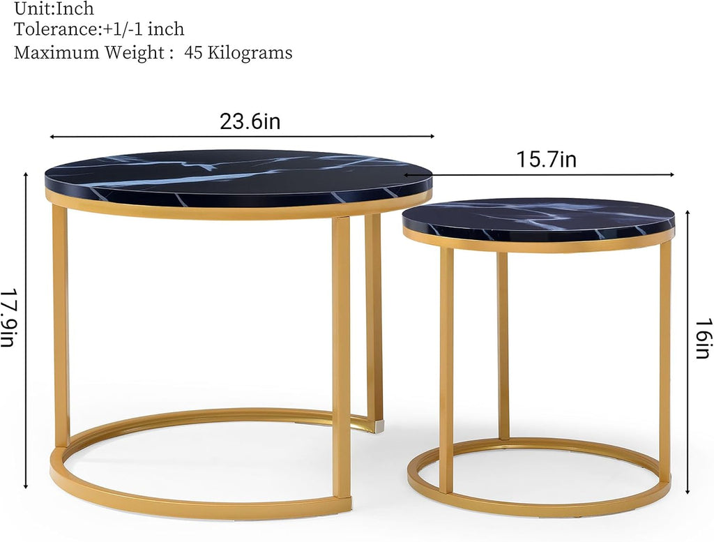Anwick Set of 2 Circular Coffee Table, Nesting Design for Living Room, Small Round & Circle Coffee Table for Apartment, Sturdy Metal Frame (Black+Gold)