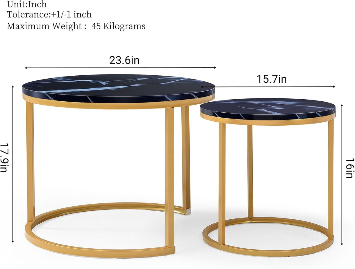 Anwick Set of 2 Circular Coffee Table, Nesting Design for Living Room, Small Round & Circle Coffee Table for Apartment, Sturdy Metal Frame (Black+Gold)