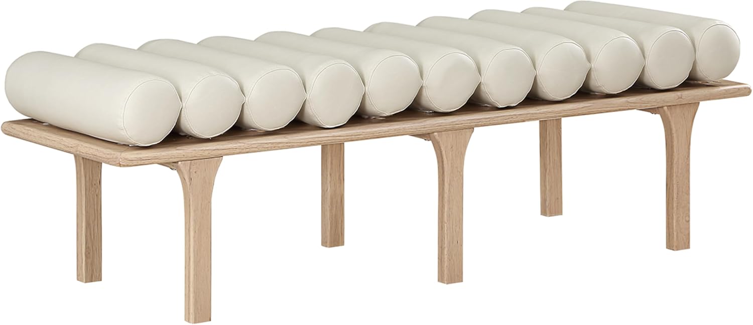 Meridian Furniture 22007Cream Landon Collection Art Deco Bench with Soft Vintage Cream Vegan Leather and Solid Wood with Natural Oak Finish, 60.5" W x 19.5" D x 18.5" H, Cream