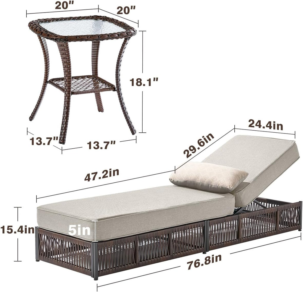 Luxury Outdoor Chaise Lounge Chairs of 2 with 5 Inch Thick Cushions and Side Table - 3 PCS High Back Brown Wicker Rattan Patio Recliners Lounger Furniture Set for Poolside Sunbathing - Beige