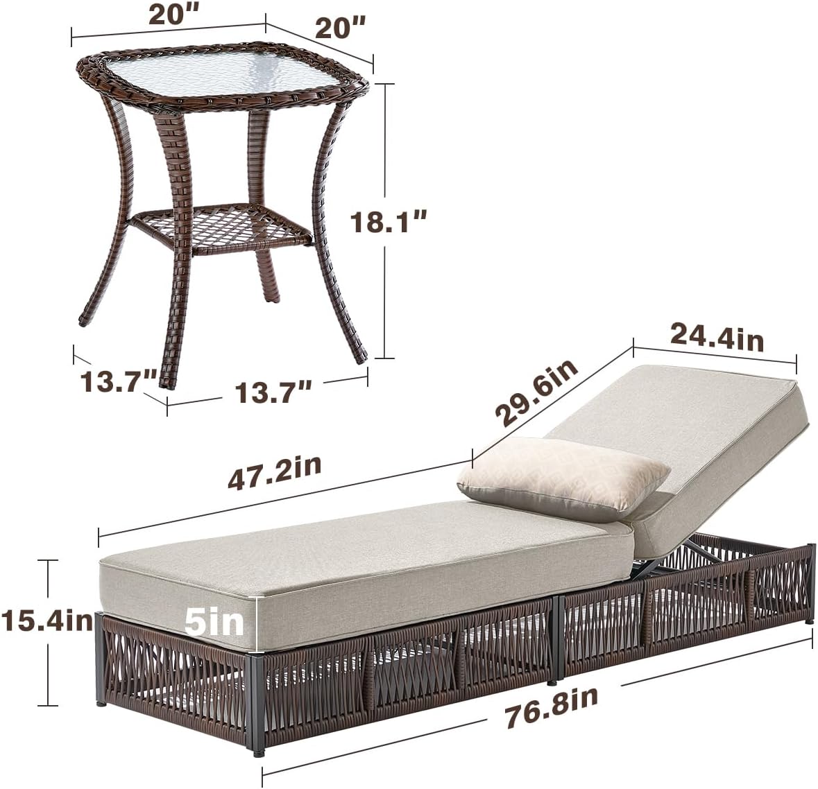Luxury Outdoor Chaise Lounge Chairs of 2 with 5 Inch Thick Cushions and Side Table - 3 PCS High Back Brown Wicker Rattan Patio Recliners Lounger Furniture Set for Poolside Sunbathing - Beige