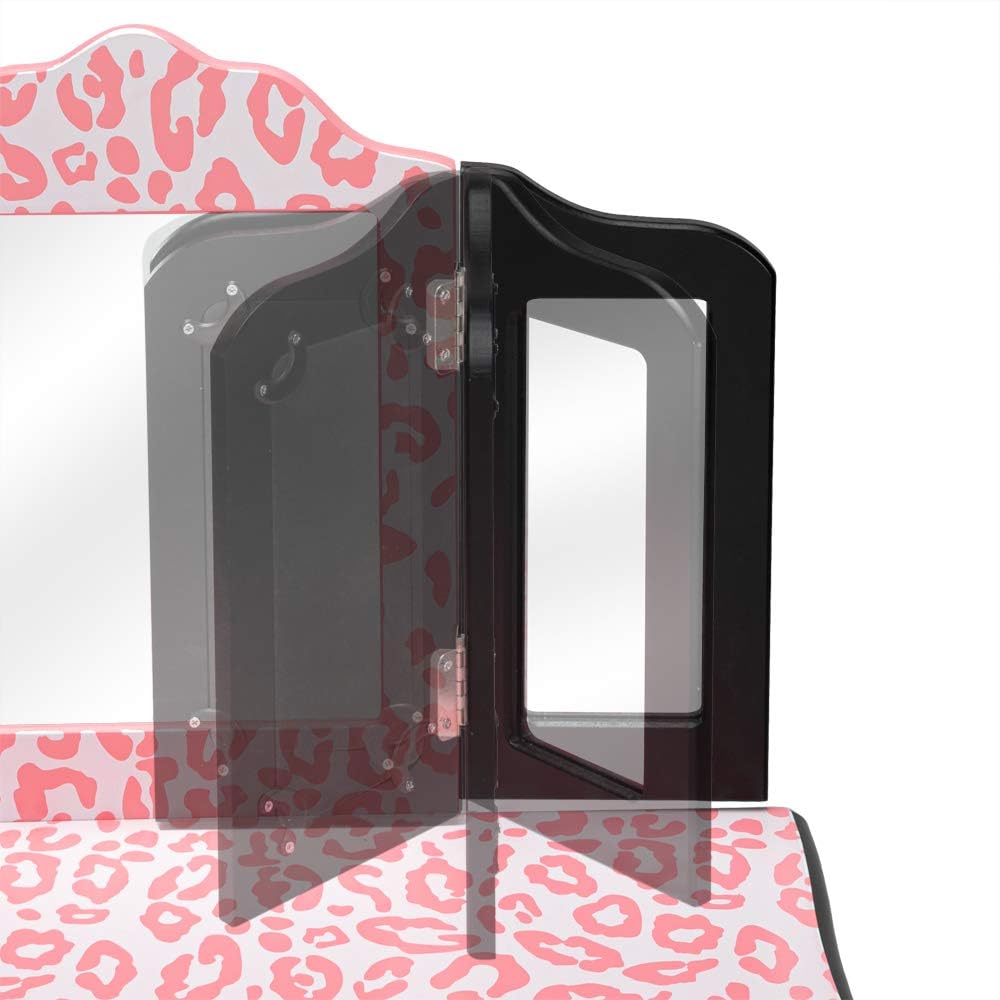 Bonnlo Kids Vanity Set, Modern Princess Vanity Table with Stool, Tri-Folding Mirror Desk for Girls Makeup Dressing Table with Drawer