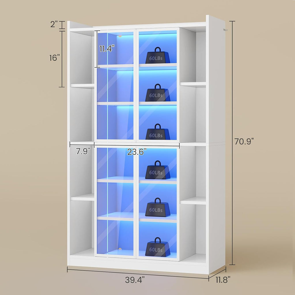 SEDETA 71" Tall 6-Tier Display Cabinet with Doors and Adjustable Shelves