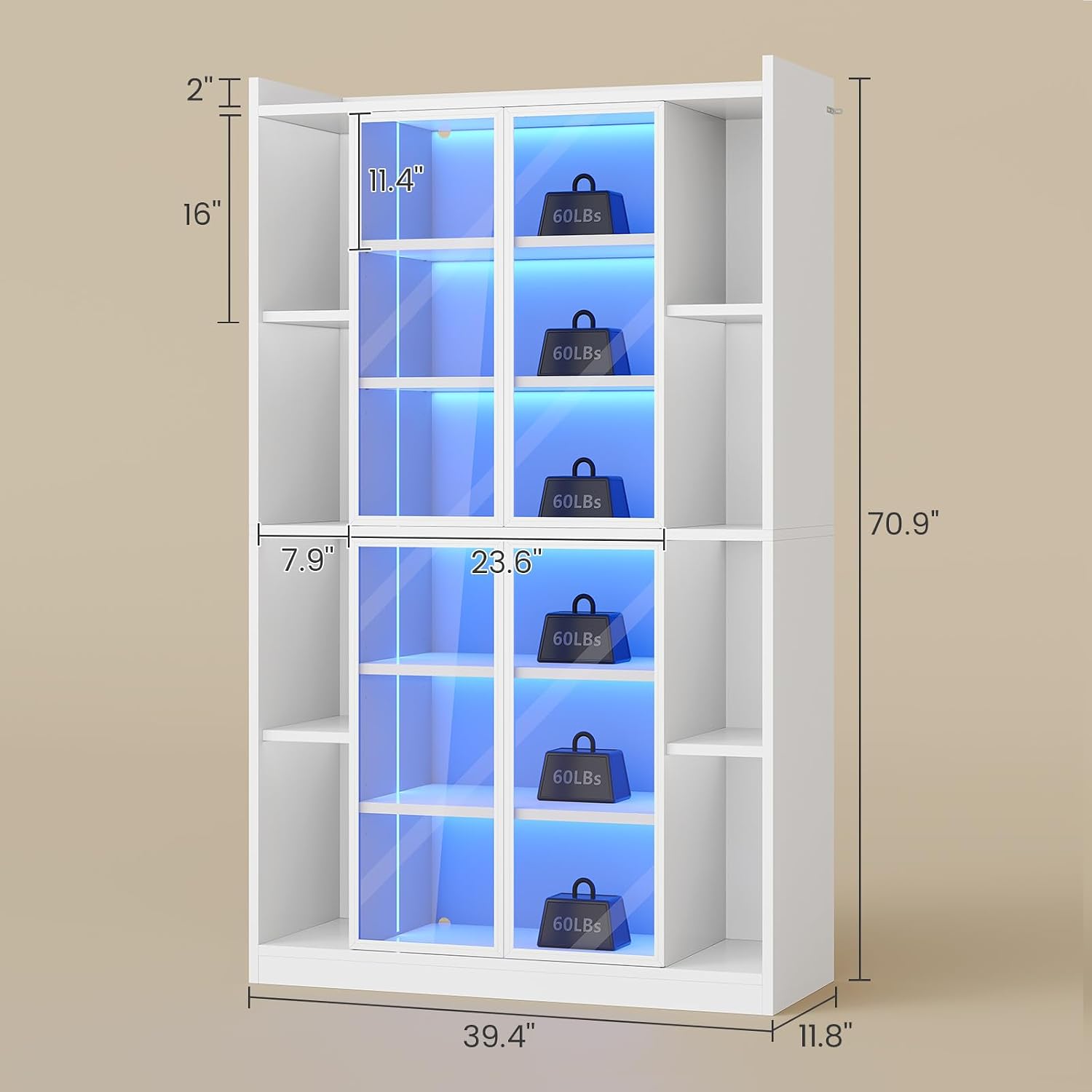 SEDETA 71" Tall 6-Tier Display Cabinet with Doors and Adjustable Shelves