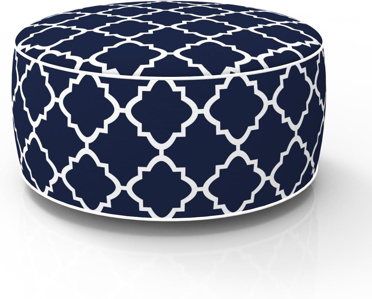 Outdoor Inflatable Ottoman Cover Round 21x9 Inch Navy Geometric Pattern Patio Foot Stools and Ottomans Cover