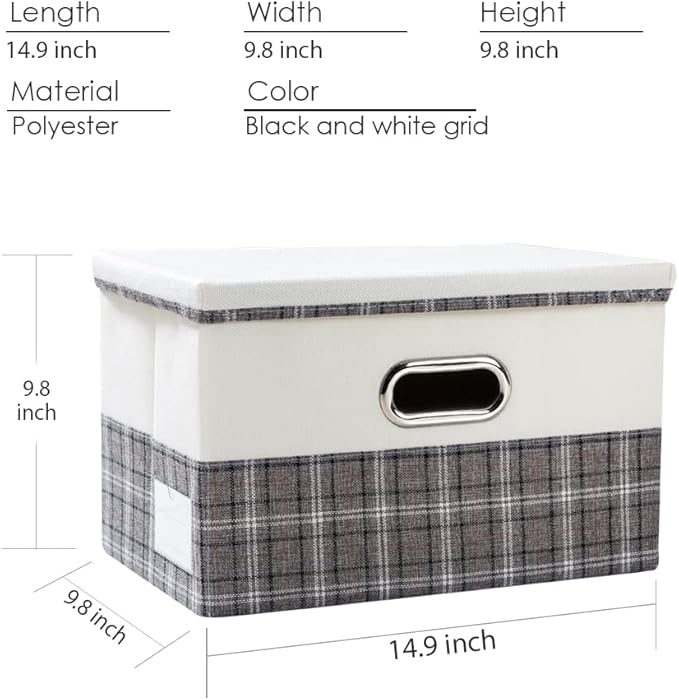 PRANDOM Collapsible Storage Bin with Lid [3-Pack] Fabric Foldable Storage Box Organizer Container Basket Cube with Cover for Home Bedroom Closet Office Nursery Gray plaid & Cream(14.9x9.8x9.8)