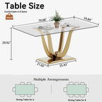 70" Modern Glass Dining Table for 6-8, Luxury Gold Glass Dining Room Table with Mirrored Floral-Shape Stainless Steel Base, Rectangle Kitchen Dinner Tables for Dining Room Kitchen