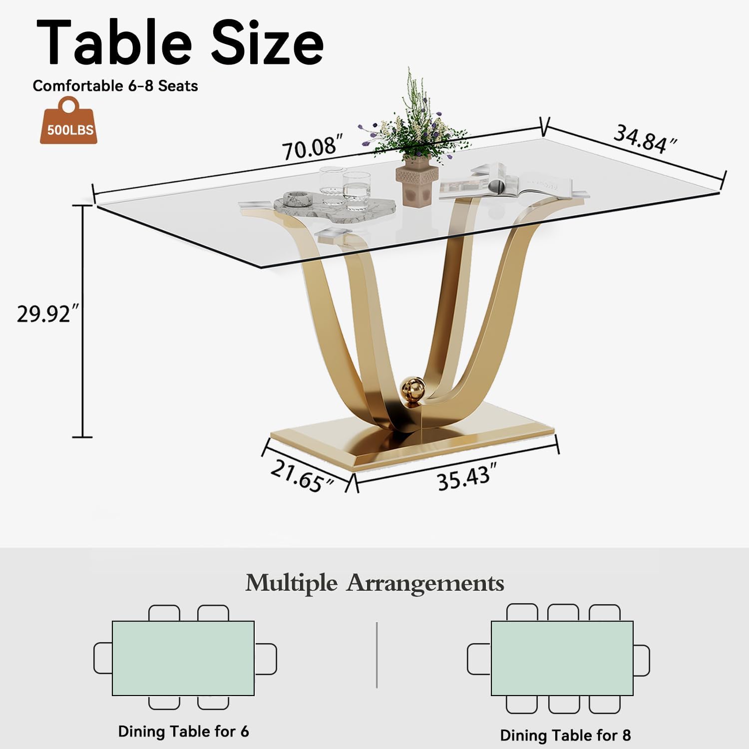 70" Modern Glass Dining Table for 6-8, Luxury Gold Glass Dining Room Table with Mirrored Floral-Shape Stainless Steel Base, Rectangle Kitchen Dinner Tables for Dining Room Kitchen