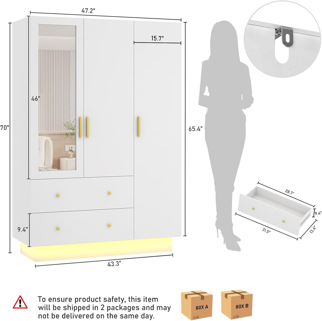chartustriable 3 Doors Armoire Wardrobe Closet with Mirror, LED Armoire with Doors and Drawers, Wooden Wardrobe Storage Cabinet with Hanging Rod, Adjustable Shelves, White