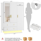 chartustriable 3 Doors Armoire Wardrobe Closet with Mirror, LED Armoire with Doors and Drawers, Wooden Wardrobe Storage Cabinet with Hanging Rod, Adjustable Shelves, White