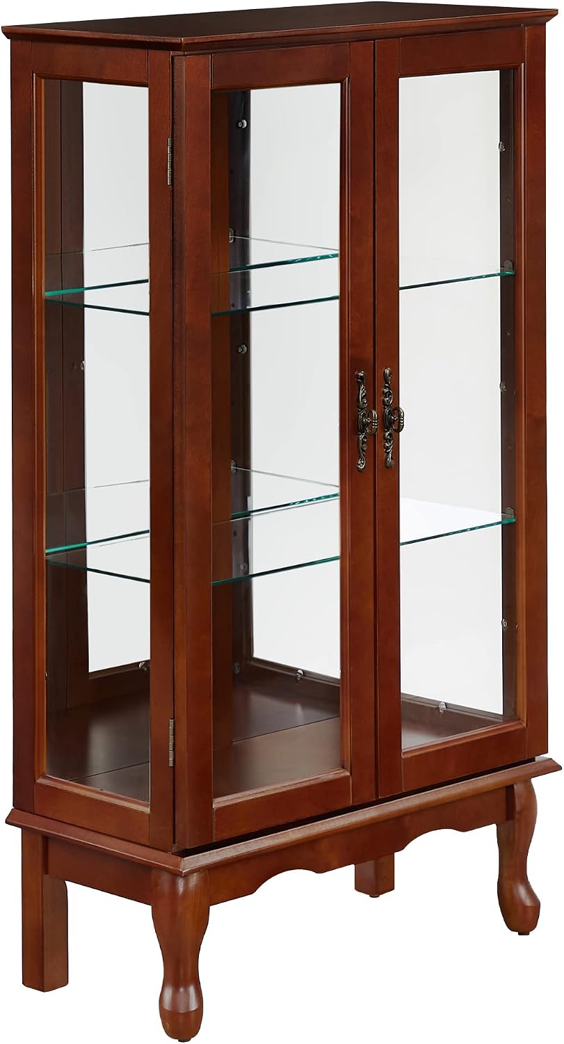 Ball & Cast Lighted Curio Cabinet,3-Tier Glass Display Cabinet with Adjustable Glass Shelves and Mirrored Back Panel for Living Room,E26 Light Blub not Included,Cherry