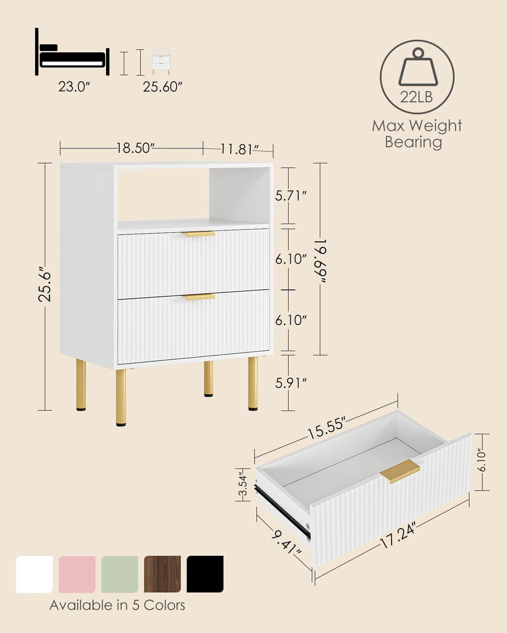 Night Stand,25.7" H Bedside Table with 2-Drawer Shelf,Morden Nightstand with Gold Frame,Fluted Side Table with Gold Frame,End Table for Bedroom,Living Room