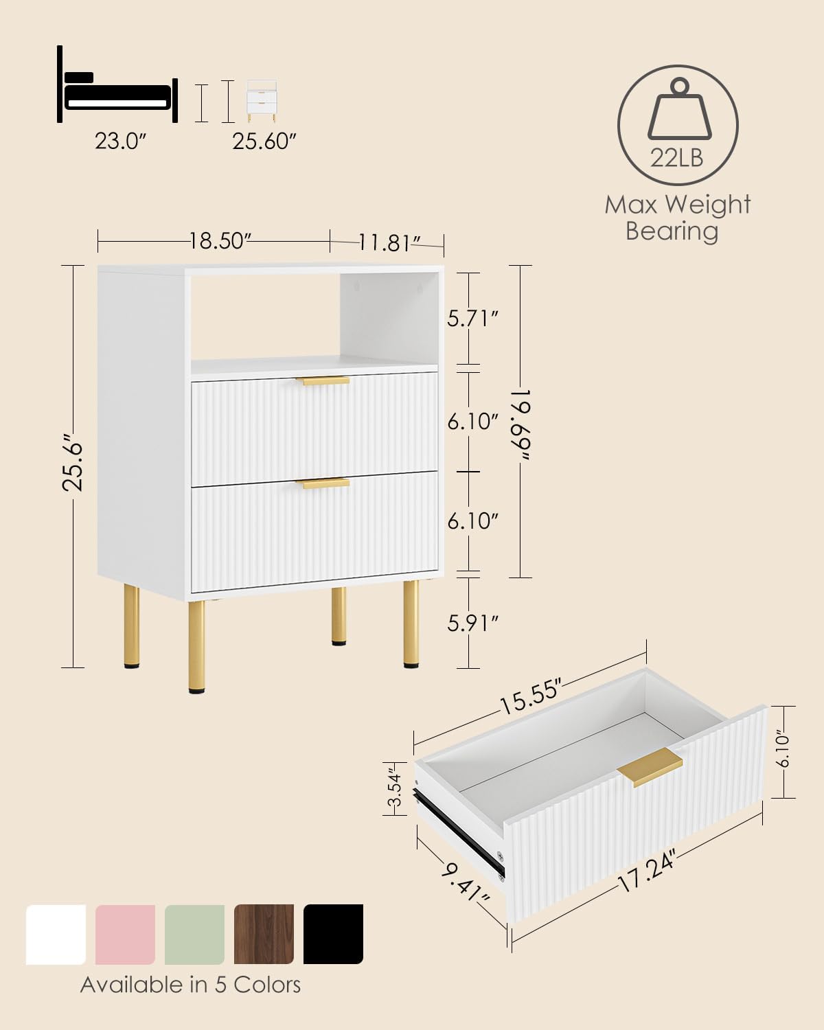 Night Stand,25.7" H Bedside Table with 2-Drawer Shelf,Morden Nightstand with Gold Frame,Fluted Side Table with Gold Frame,End Table for Bedroom,Living Room
