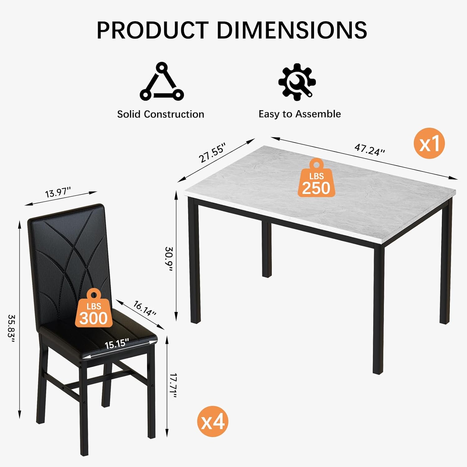 Hooseng Dining Table Set for 4 Faux Marble Kitchen Table and Chairs Set of 4,5 Piece with PU Leather Upholstered Dinner Chairs for Compact Dining Room,Small Space,Black
