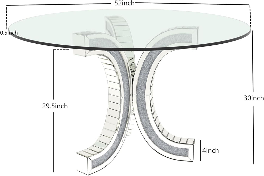 52" Round Glass Pedestal Dining Table with Tempered Glass Top, Mirrored Base with Crushed Diamonds, Modern Centerpiece