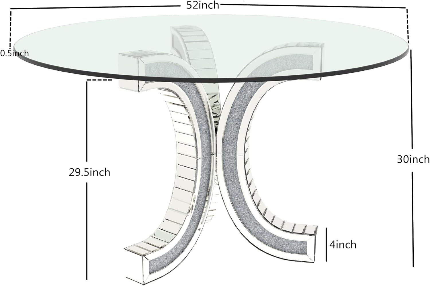 52" Round Glass Pedestal Dining Table with Tempered Glass Top, Mirrored Base with Crushed Diamonds, Modern Centerpiece