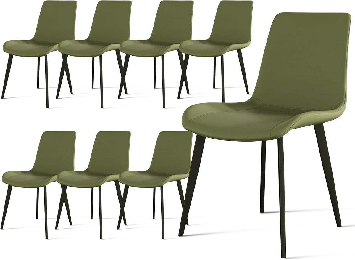 Modern Dining Chairs Set of 8, PU Leather Upholstered Dinner Chairs with Sturdy Metal Legs and Comfort Backrest, Armless Accent Side Chairs for Home Kitchen, Living Room (Green)
