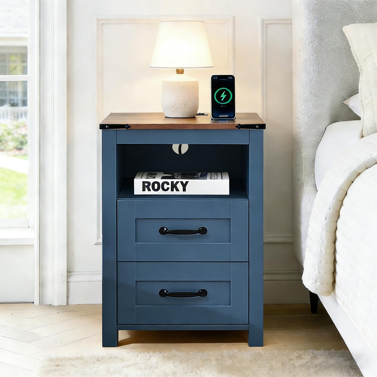Farmhouse Nightstands Set of 2 with Charging Station, End Table with 2 Drawers and Open Shelf, Wooden Bedside Cabinet for Bedroom, Home Office, Living Room, Blue