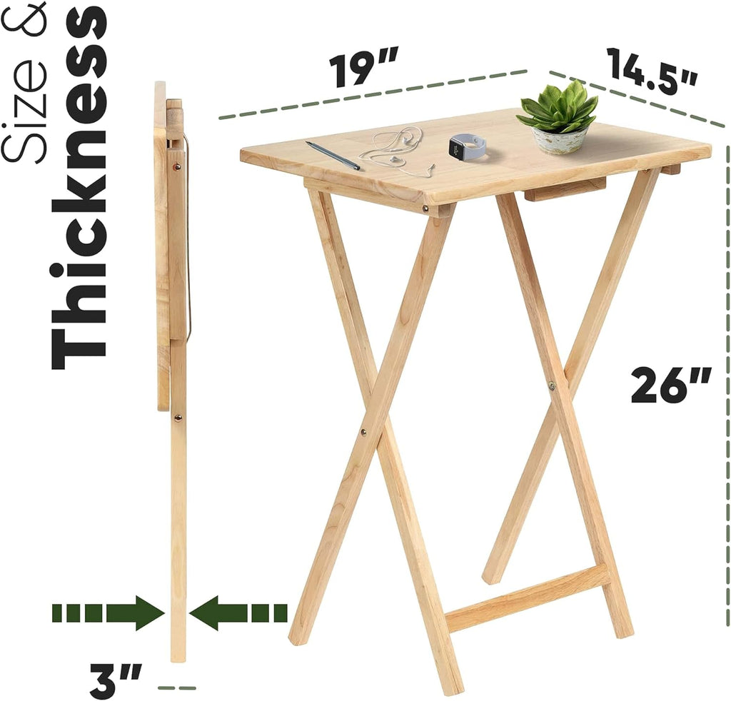 PJ Wood Folding TV Tray Tables, Natural Finish, 2-Piece Set | Solid Wood, 14.57x19.09x26 in, No Assembly Required, 12.7 kg Capacity, Rectangular Top, Indoor Use