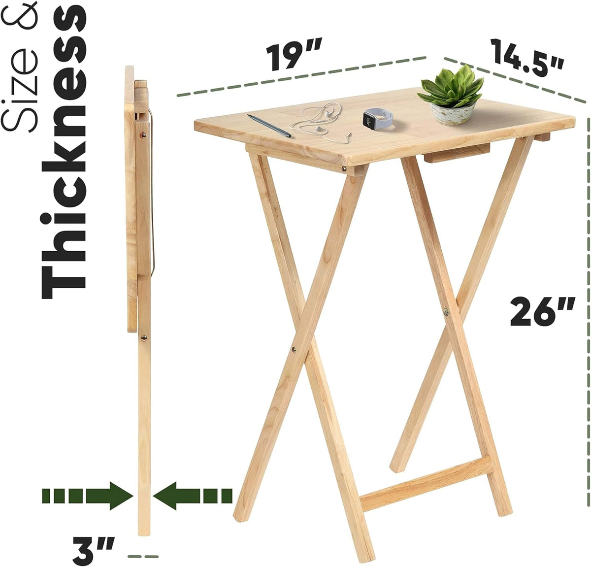 PJ Wood Folding TV Tray Tables, Natural Finish, 2-Piece Set | Solid Wood, 14.57x19.09x26 in, No Assembly Required, 12.7 kg Capacity, Rectangular Top, Indoor Use