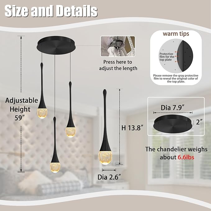 Pendant Lights Kitchen Island 3-Lights Pendant Chandelier for Dining Room Hallway Stairwell,LED Dimmable 2700K-6000K