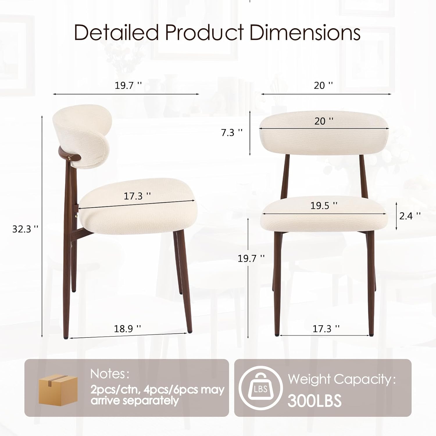 Furniliving Mid Century Modern Dining Chairs Set of 2, 300 lbs Capacity Upholstered Chenille Kitchen Chairs with Walnut Grain Metal Legs and Ergonomic Curved Back, Beige(Walnut/Chenille)