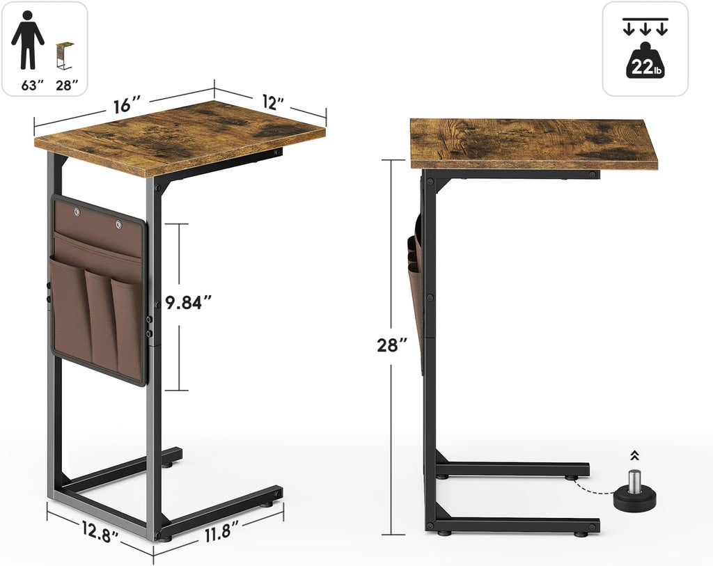 Vagusicc C Shaped End Table, Small Side Table for Couch, Tall Couch Side Table C Table for Small Space, TV Tray Slide Under Sofa Snack Table with Metal Frame for Living Room, Bedroom, Bedside, Brown