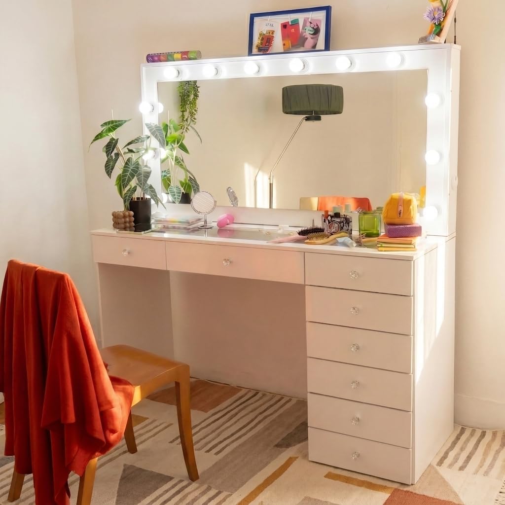 Boahaus Verona Large Vanity Desk with Framed Bulb Mirror – 8 Drawer Makeup Station with Integrated Power