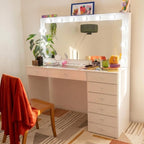 Boahaus Verona Large Vanity Desk with Framed Bulb Mirror – 8 Drawer Makeup Station with Integrated Power
