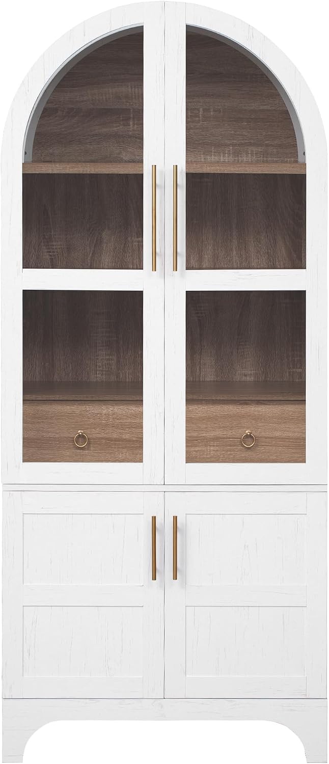 Arched Pantry Cabinet with Adjustable Shelves, Kitchen Storage Cabinet with Arched Door & Hidden Drawer, Tall Narrow Farmhouse Pantry for Small Spaces (White)