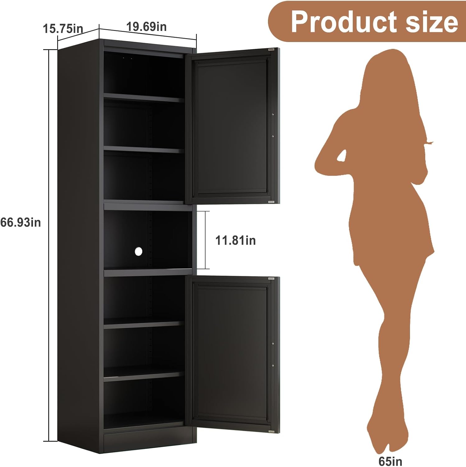 67" Tall Pantry Cabinet, Kitchen Pantry Storage Cabinet with Doors and Shelves, Slim Freestanding Storage Cabinet, Metal Utility Cabinet with Adjustable Shelves, Cord Hole, Reversible Door, Black 1