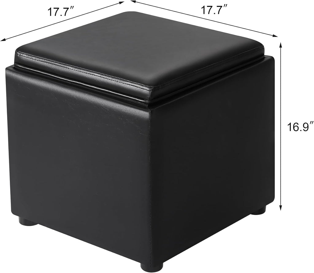 Adeco 17" Black Storage Ottoman Cube with Tray Lid, Small Footstool with Storage, Square End Table for Living Room & Bedroom