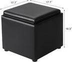 Adeco 17" Black Storage Ottoman Cube with Tray Lid, Small Footstool with Storage, Square End Table for Living Room & Bedroom