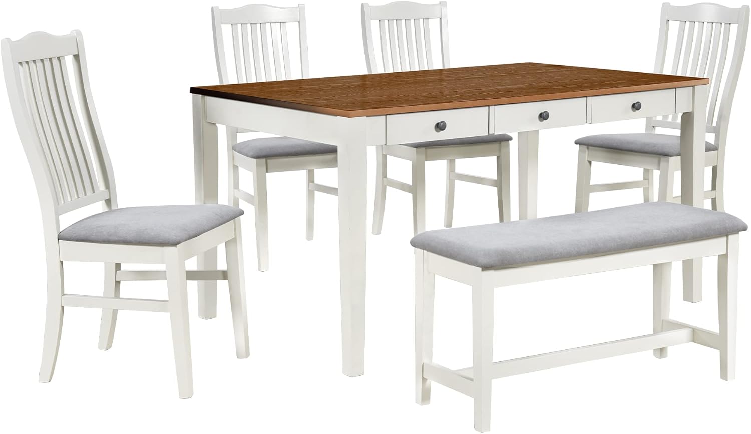 Merax Mid-Century 6-Piece Wood Dining Table Set with Drawer, 4 Upholstered Chairs and Bench, Butter Milk