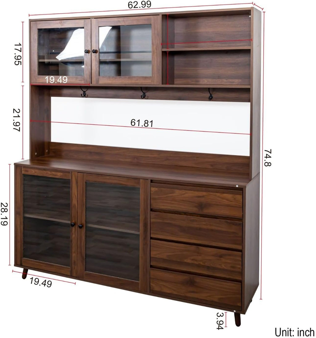 Kitchen Pantry Cabinet with Hutch, 4 Drawers, Glass Doors, Adjustable Shelves, and Open Storage, Freestanding Sideboard for Dining Room or Living Room