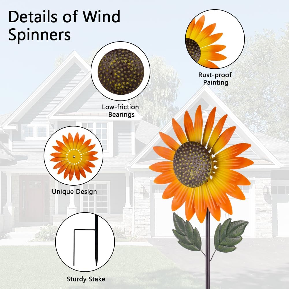 Sunflower Wind Spinner,Garden Windmills and Spinners for Yard,Metal Flowers for Outside,Metal Kinetic Wind Sculptures, 12.8 * 57 Inches
