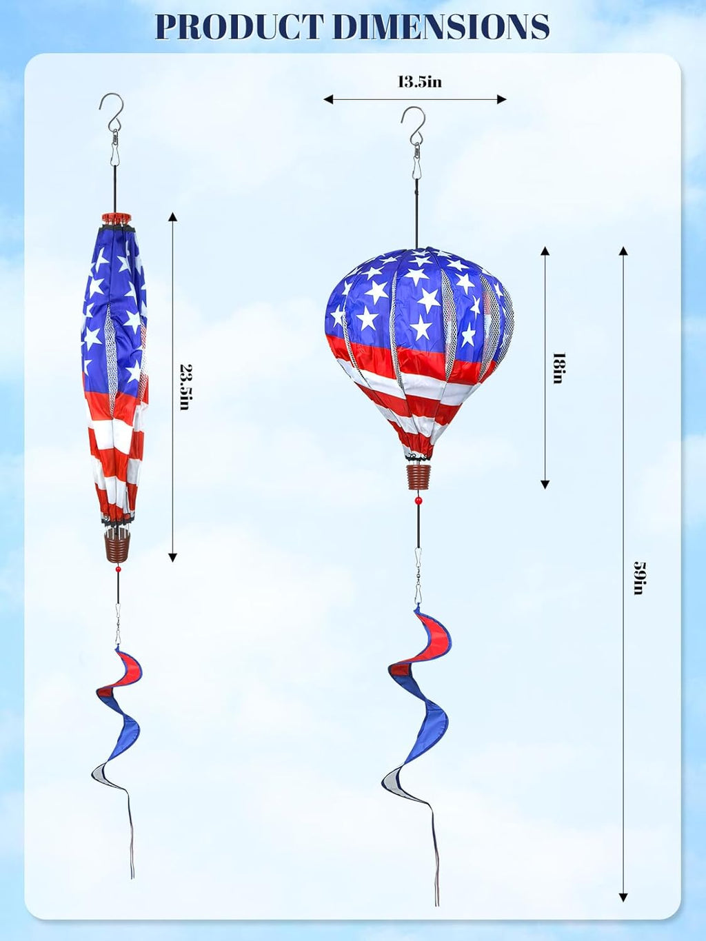 2PCS Giant Patriotic Hot Air Balloon Wind Spinners 14" W x 59" H Large American Whirligig Wind Spinner Hanging Ornaments for Memorial Day July of 4th Yard Garden Lawn Outdoor Decorations