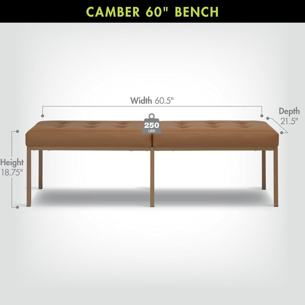 Studio Designs Home Camber Modern Dining Room 60" with Chrome Legs and Tufted Faux Leather, Entryway or Livingroom Accent Bench, Bronze/Caramel