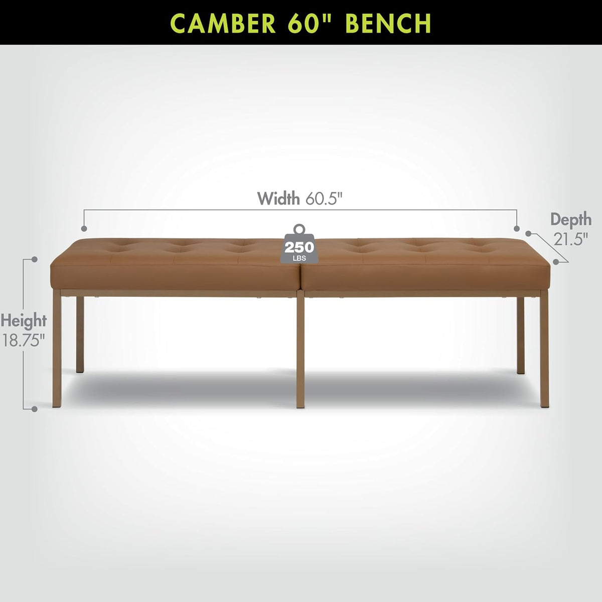 Studio Designs Home Camber Modern Dining Room 60" with Chrome Legs and Tufted Faux Leather, Entryway or Livingroom Accent Bench, Bronze/Caramel