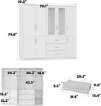 FUFU&GAGA Wardrobe Closet Collection with Doors, Modern White Bedroom Armoire System with Gold Handles, Modern Clothes Storage Cabinet with Drawers, Shelves, Hanging Rods, 79.1”W x 19.3”D x 74.8”H