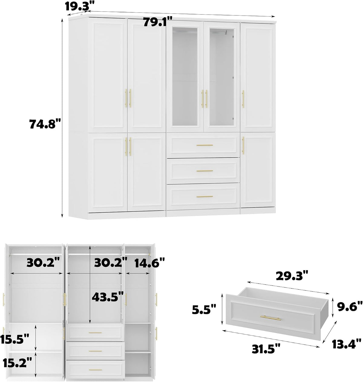 FUFU&GAGA Wardrobe Closet Collection with Doors, Modern White Bedroom Armoire System with Gold Handles, Modern Clothes Storage Cabinet with Drawers, Shelves, Hanging Rods, 79.1”W x 19.3”D x 74.8”H