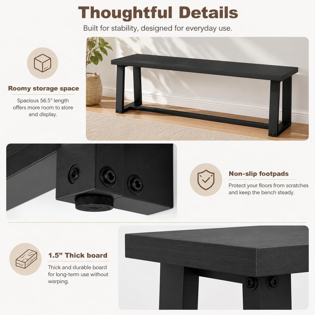 NAFORT Dining Bench, Solid Wood Entryway Bench, Heavy-Duty Outdoor Bench, Modern Dining Table Bench, Bedroom Bench, Living Room Bench, Waterproof Surface, Easy Assembly, Black
