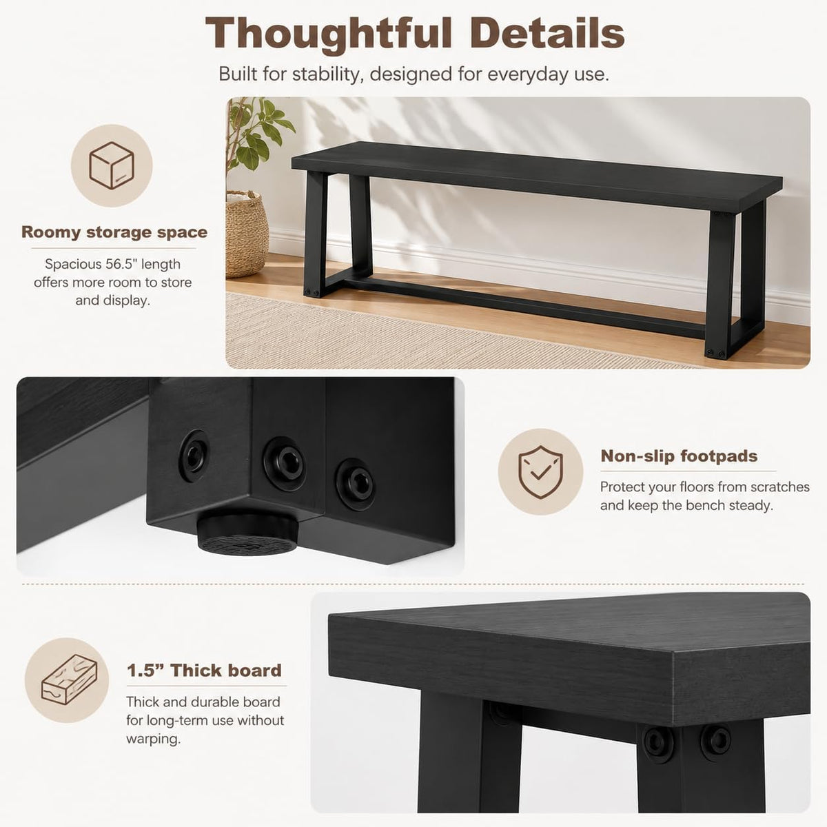 NAFORT Dining Bench, Solid Wood Entryway Bench, Heavy-Duty Outdoor Bench, Modern Dining Table Bench, Bedroom Bench, Living Room Bench, Waterproof Surface, Easy Assembly, Black