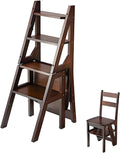 Aimery Library Ladder Chair, 2 in 1 Portable 4-Step Ladders, Wood Foldable Stool for Home, Library, Office(Dark Walnut,A)